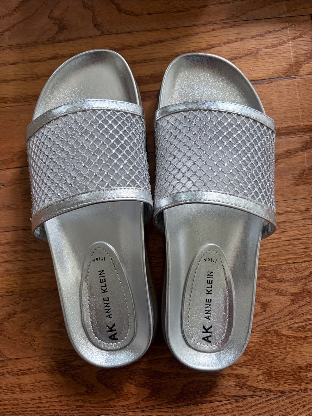 Anne Klein Silver Metallic Mesh Slide Sandals